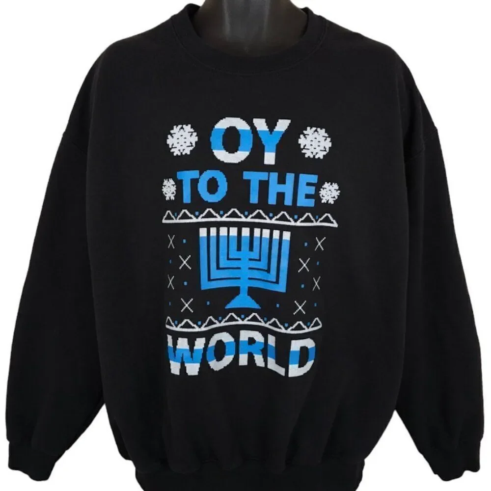 Oy To The World Hanukkah Sweatshirt Mens Size XL Black Holiday Ugly Christmas - Picture 2 of 6